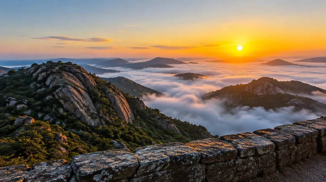 Granite hills at sunrise above a sea of clouds Granite hills at sunrise above a sea of clouds