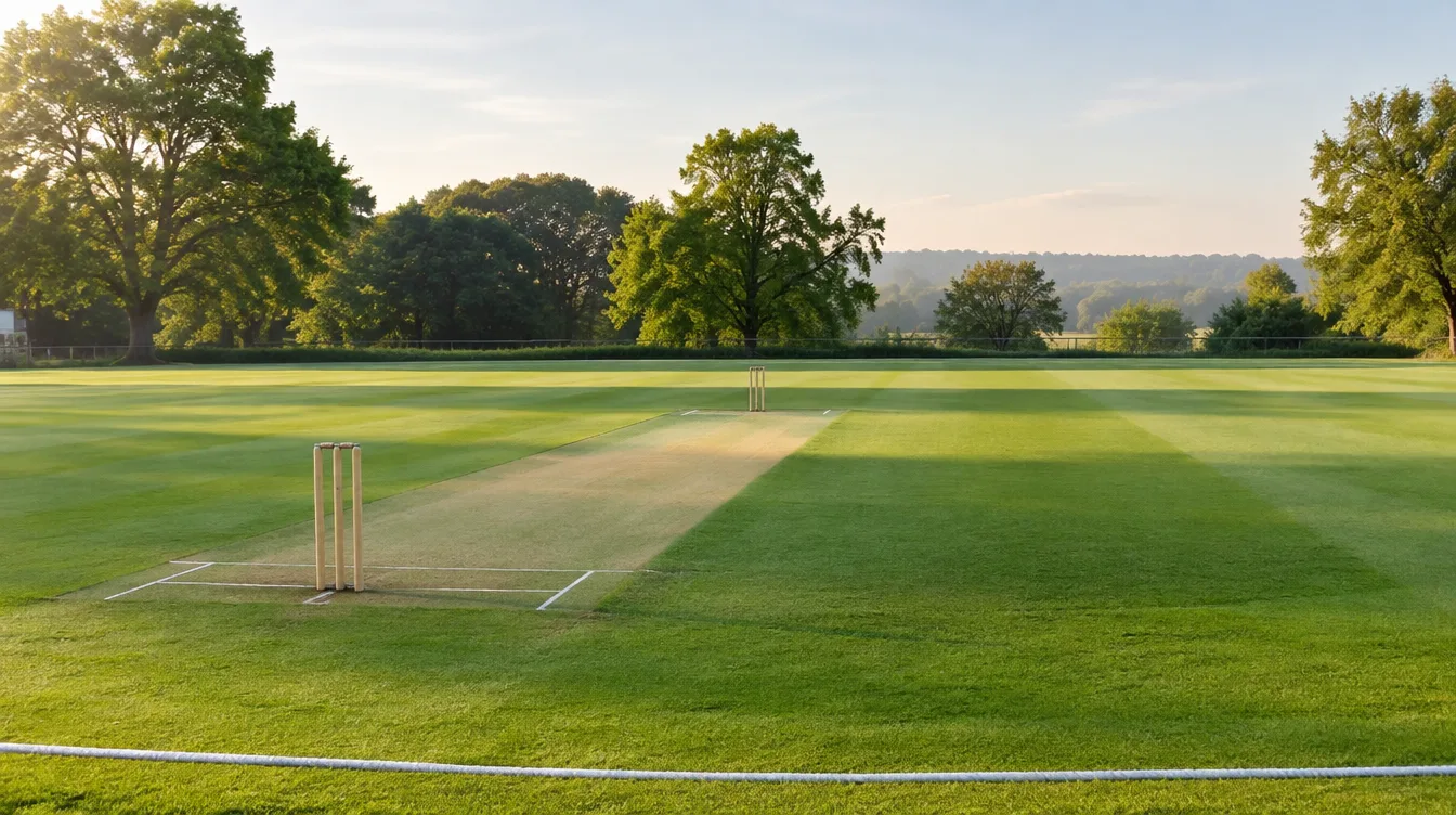 A green cricket ground with stumps set on the pitch in morning light A green cricket ground with stumps set on the pitch in morning light